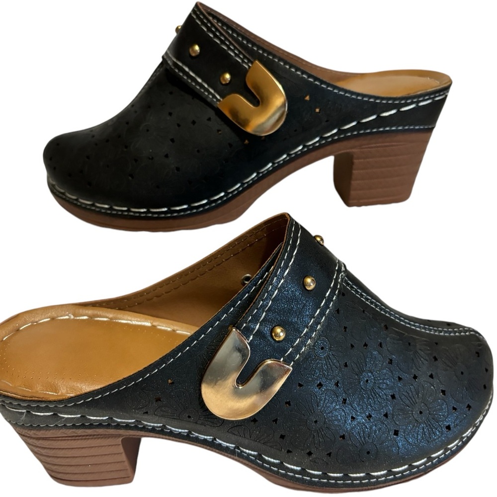 Black clogs/MULES WITH BRASS BUCKLES & STUDS
